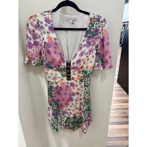 Beyond the Radar Floral Patchwork Mini Dress Hook Eye V-Neck Smocked Back Small